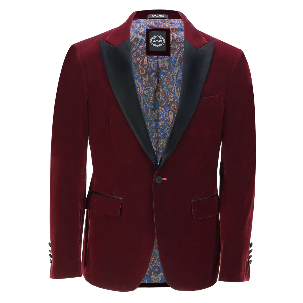 (46, Burgundy) Mens Velvet Tuxedo Dinner Jacket Retro Smoking Coat Formal Tailored Fit Blazer