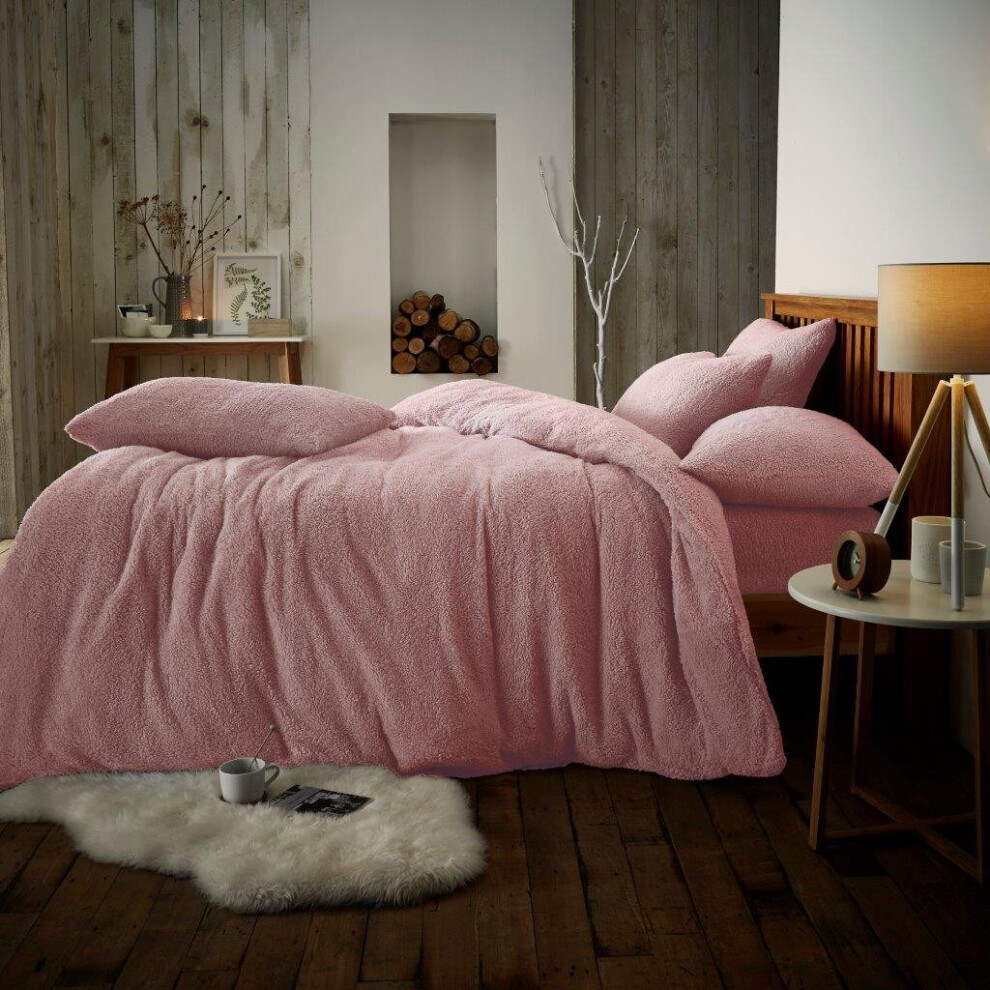 (Single, Pink) Luxury Teddy Bear Fleece Plain Cover Bedding Set