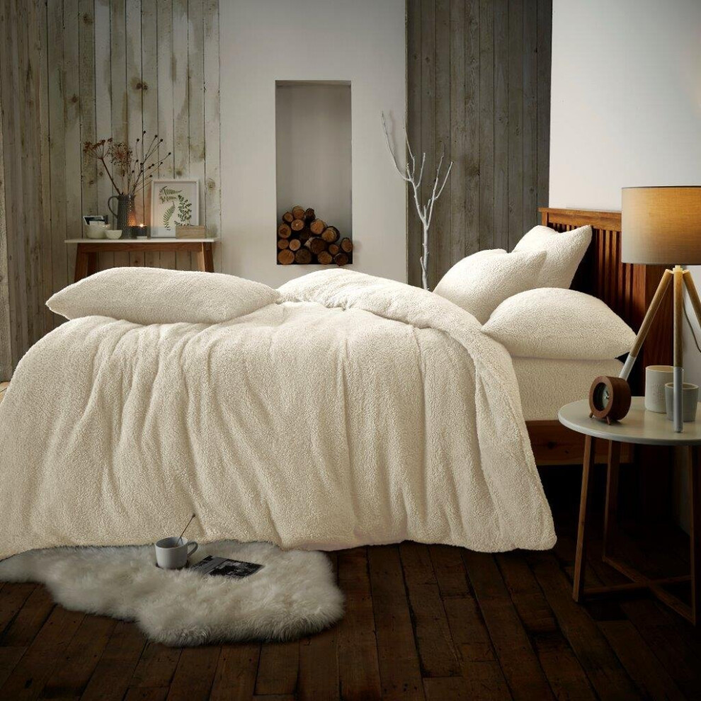 (King, Cream) Luxury Teddy Bear Fleece Plain Cover Bedding Set