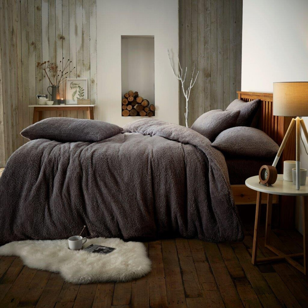 (King, Charcoal) Luxury Teddy Bear Fleece Plain Cover Bedding Set
