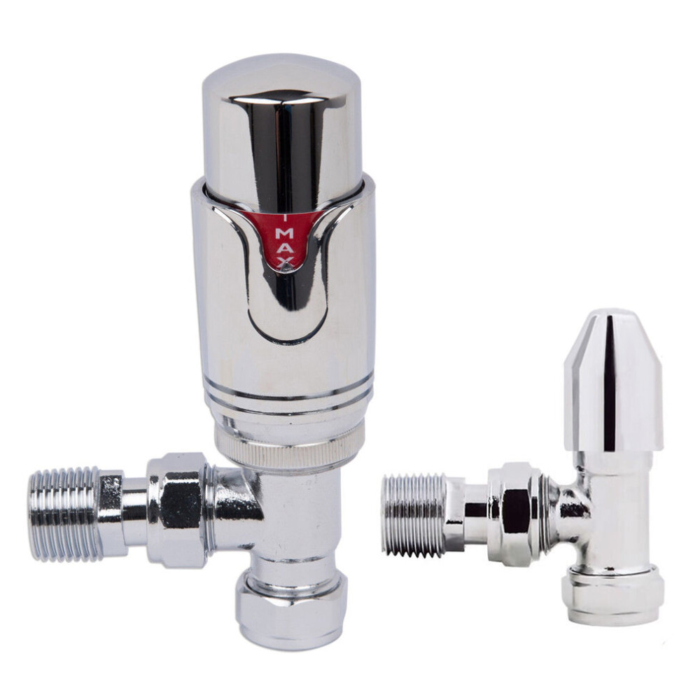 Chrome Thermostatic and Manual Control Angled Designer Radiator Valves 15mm