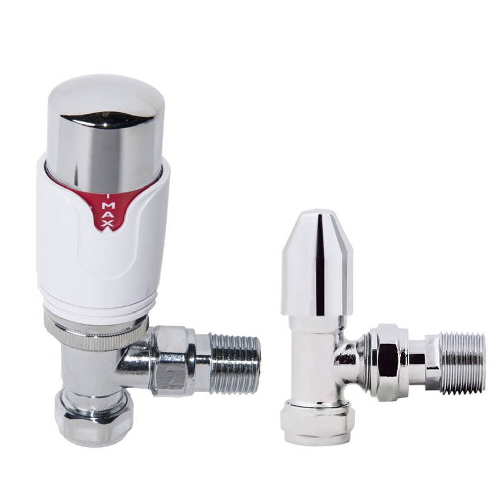 Modern TRV Angled Thermostatic and Manual Radiator Valves Set Pair 15mm x 1/2"