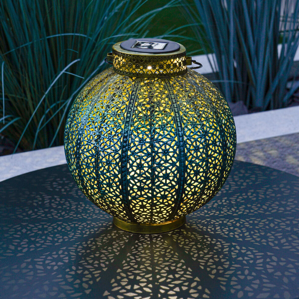 Blue and Gold Moroccan LED Lantern 25cm Solar Power | Outdoor Garden Patio Table Decoration