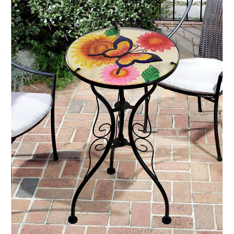 (Flowers and Butterfly) GEEZY Iron/Glass Round Side Coffee Patio Table Mosaic Design Garden Flower Plant Stand