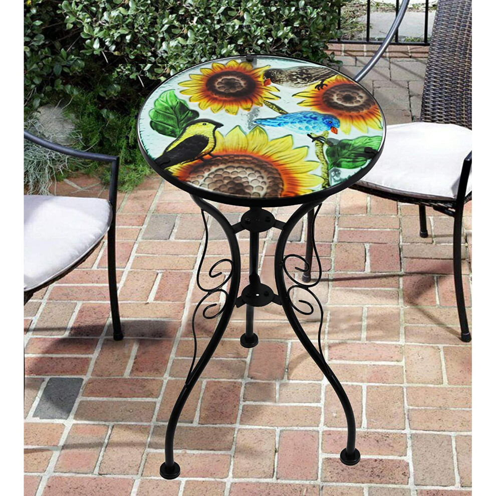 (Sunflower) GEEZY Iron/Glass Round Side Coffee Patio Table Mosaic Design Garden Flower Plant Stand