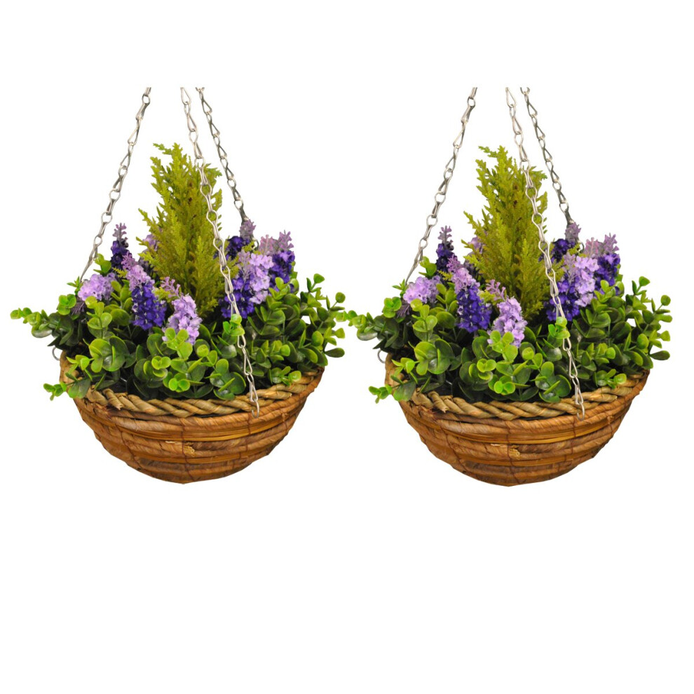 2 x Artificial Lavender & Eucalyptus Topiary Hanging Baskets (25cm)
