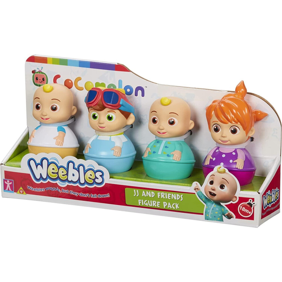 Character Options Cocomelon Weebles 4 Figure Pack Jj In Sleeved Top, Jj In Pyjamas, Tom Tom And Yoyo Blue
