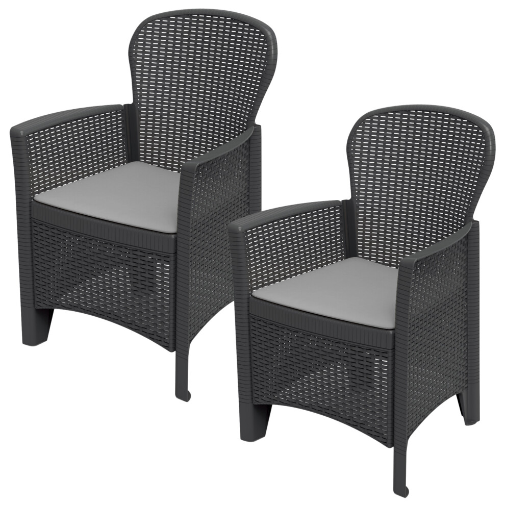 (Anthracite, 2) 1 2 FOLIA Plastic Garden Chair Cushioned Seat Rattan Look Outdoor Furniture