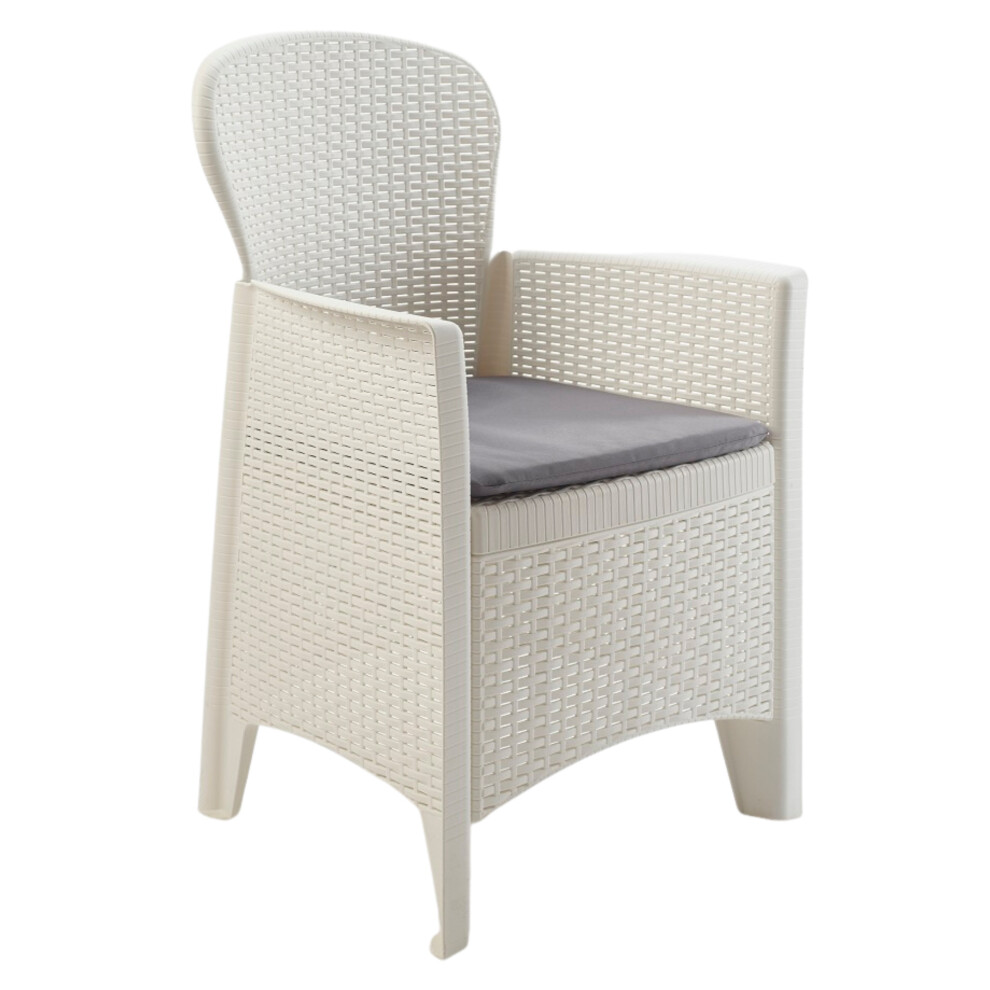 (White, 2) 1 2 FOLIA Plastic Garden Chair Cushioned Seat Rattan Look Outdoor Furniture-image-OPC-P9HP2Q7-NEW