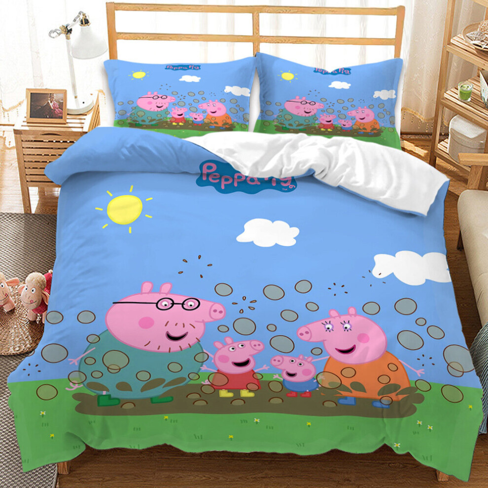 (Double-200x200cm, 8) Peppa Pig Kids Single Double Bed Linen 3D Duvet Cover Set