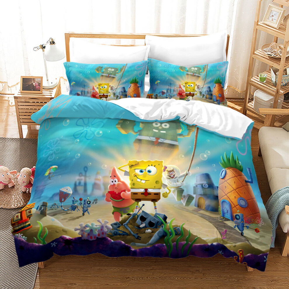 (Double-200x200cm, 6) SpongeBob SquarePants Kids Single Double Bed Linen 3D Duvet Cover Set