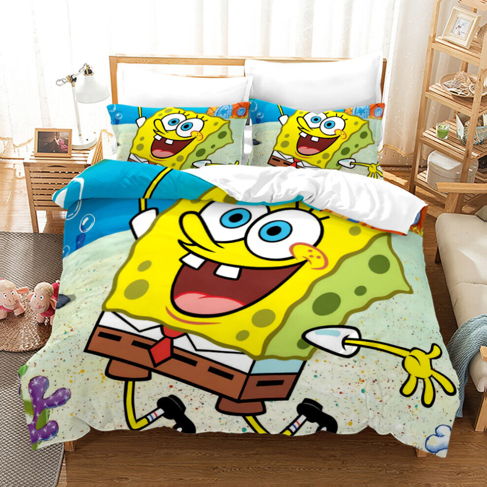 (Double-200x200cm, 3) SpongeBob SquarePants Kids Single Double Bed Linen 3D Duvet Cover Set