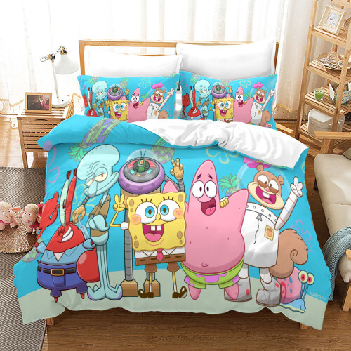 (Single-135x200cm, 1) SpongeBob SquarePants Kids Single Double Bed Linen 3D Duvet Cover Set