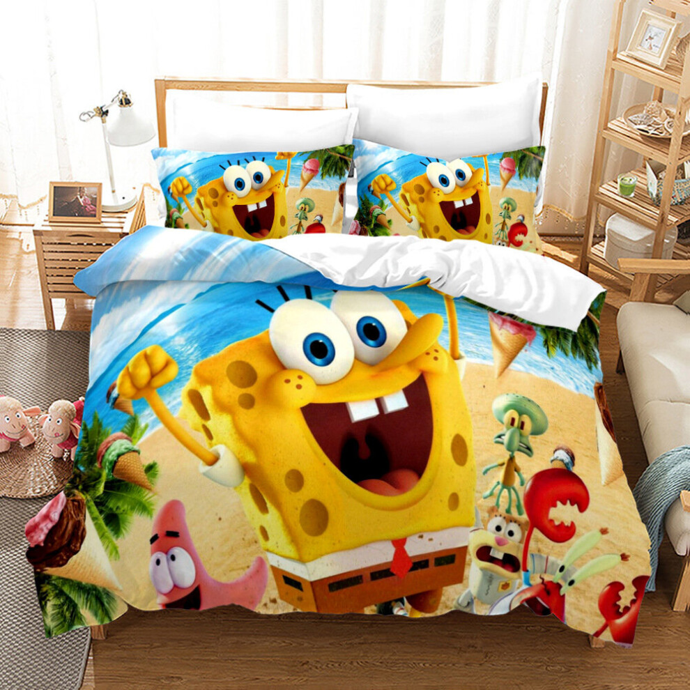 (Double-200x200cm, 5) SpongeBob SquarePants Kids Single Double Bed Linen 3D Duvet Cover Set