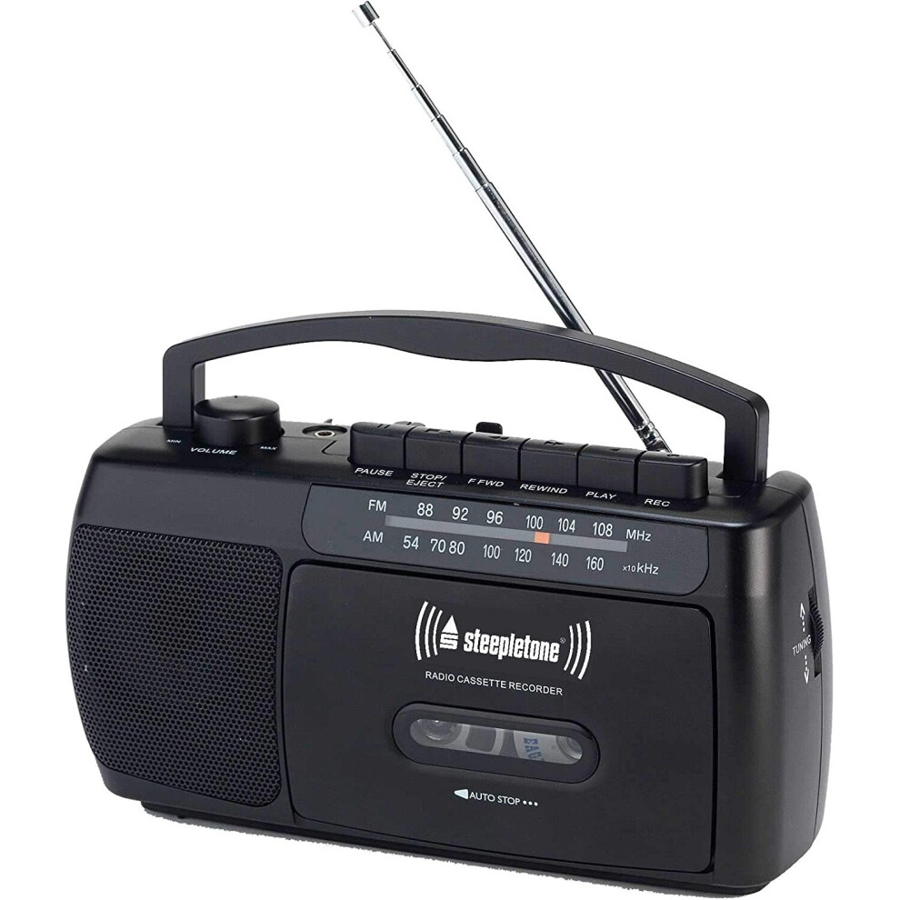 Steepletone SCR209 Portable 2-Band Radio With Cassette Player/Recorder (Black)