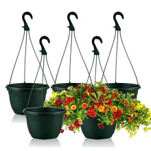 Hanging Plant Pots Set 5 25cm Frost Proof Plastic Hanging Planters Outdoor Indoor - Commercial (5x Dark Green 25cm)