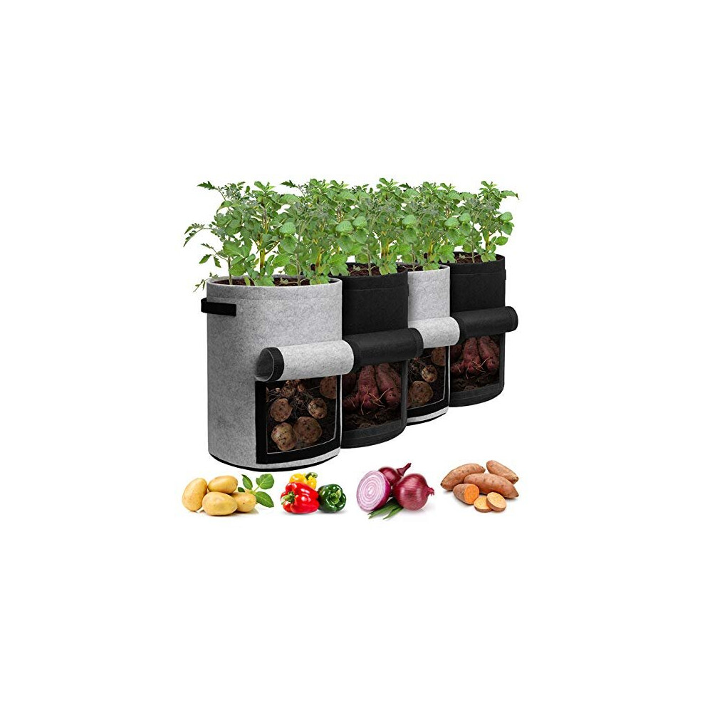 Homyhoo Potato Grow Bags with Flap 10 Gallon, 4 Pack Planter Pot with Handles and Harvest Window for Potato Tomato and Vegetables, Black and Gray