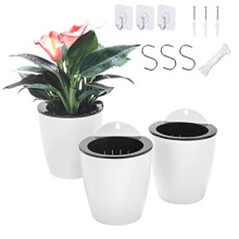 ORIMERC 3 Pack Hanging Planter Pots Self Watering Vertical Garden Wall Mount Window Hang Round Plastic Container Indoor Outdoor for Plants