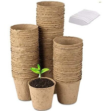 LATERN 100Pcs 8cm Biodegradable Fibre Seed Pots for Seedling and Transplanting with 100Pcs Plastic Plant labels (White 5x1cm)