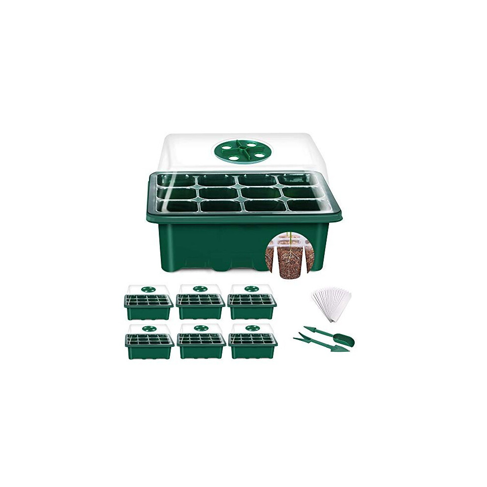 YAUNGEL Seed Trays, 6 Pack 72 Cells Propagator Growing Thicken Seedling Starter Growing Trays with Clear Lids/Adjustable Window for Greenhouse &