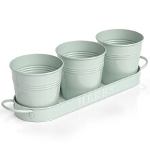 Barnyard Designs Herb Pot Planter Set with Tray for Indoor Garden or Outdoor Use, Soft Mint Metal Succulent Potted Planters for Kitchen Windowsil