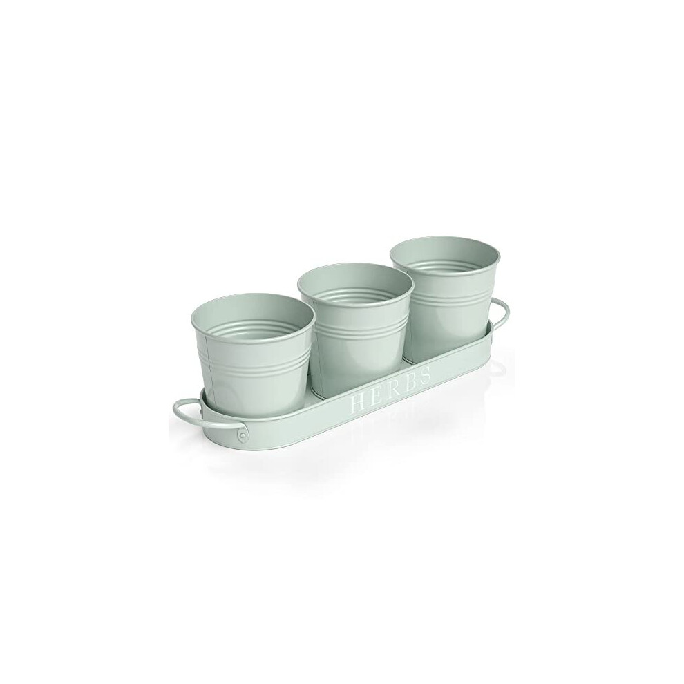 Barnyard Designs Herb Pot Planter Set With Tray For Indoor Garden Or Outdoor Use, Soft Mint Metal Succulent Potted Planters For Kitchen Windowsil