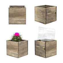 CYS EXCEL Cube Planter Box with Removable Plastic Liner (4"x4"x4")(4 PCS) | Multiple Size Choices Wood Square Planter | Indoor Decorative Window
