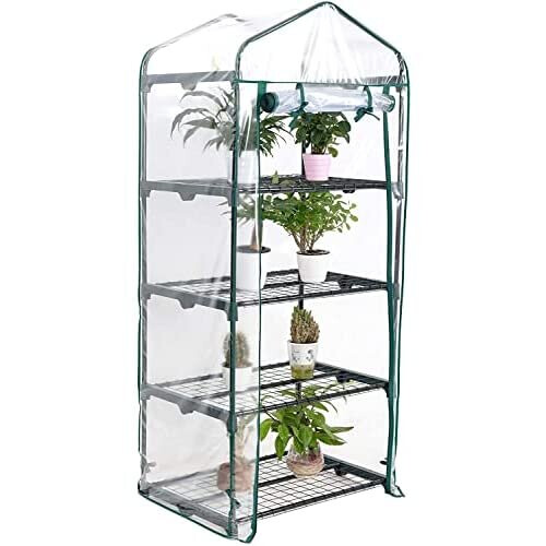 Ram 4 Tier Walk In Greenhouse  Compact Green House with 4 Shelves and Weatherproof PVC Plastic Cover  Plant House/Grow House for Garden and Ou