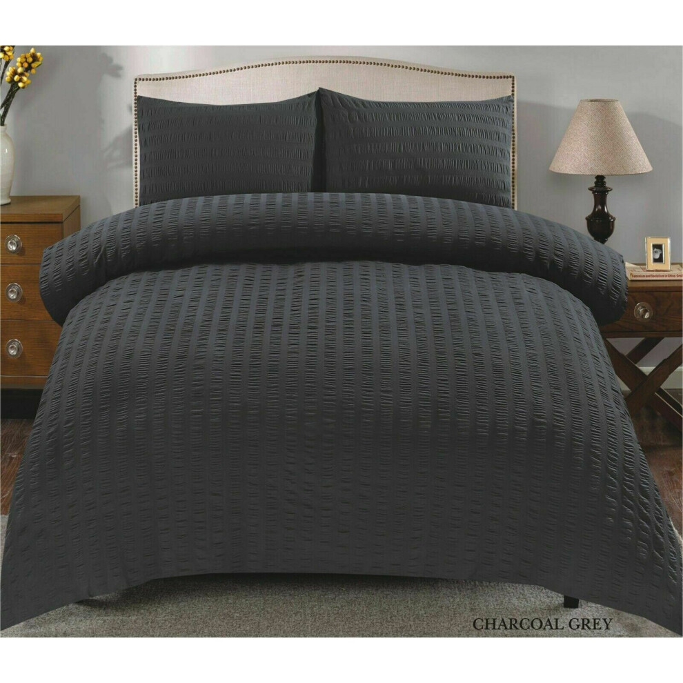 (Charcoal , King ) Seersucker Duvet Cover & Pillowcase Set Non Iron