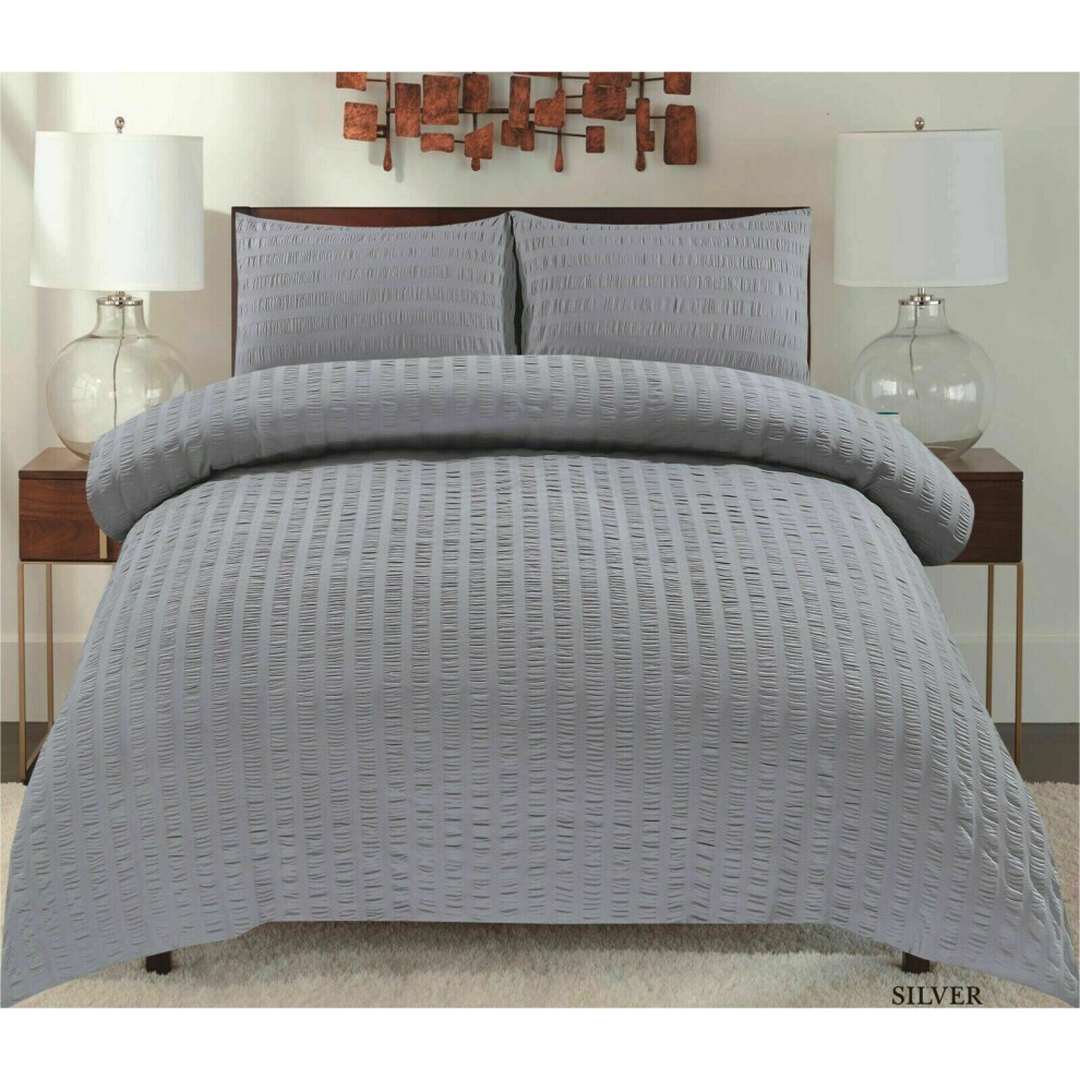 (Silver Grey, Double ) Seersucker Duvet Cover & Pillowcase Set Non Iron