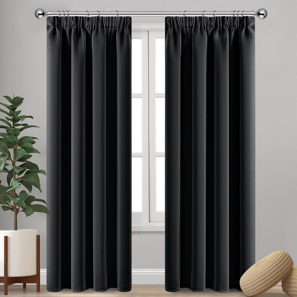 (Black, 66" x 72") Blackout Thermal Curtains Pair Pencil Pleat Curtain Ready Made Pair Panel With Free Tie Backs