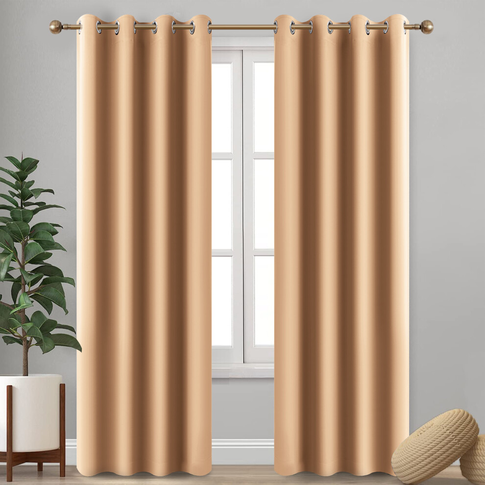 (Beige , 46" x 54") Insulated Heavy Thermal Blackout Curtains Pair Eyelet Ring Top Ready Made Window Panel Free Tieback