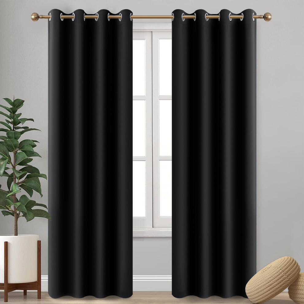 (Black, 66" x 54") Insulated Heavy Thermal Blackout Curtains Pair Eyelet Ring Top Ready Made Window Panel Free Tieback