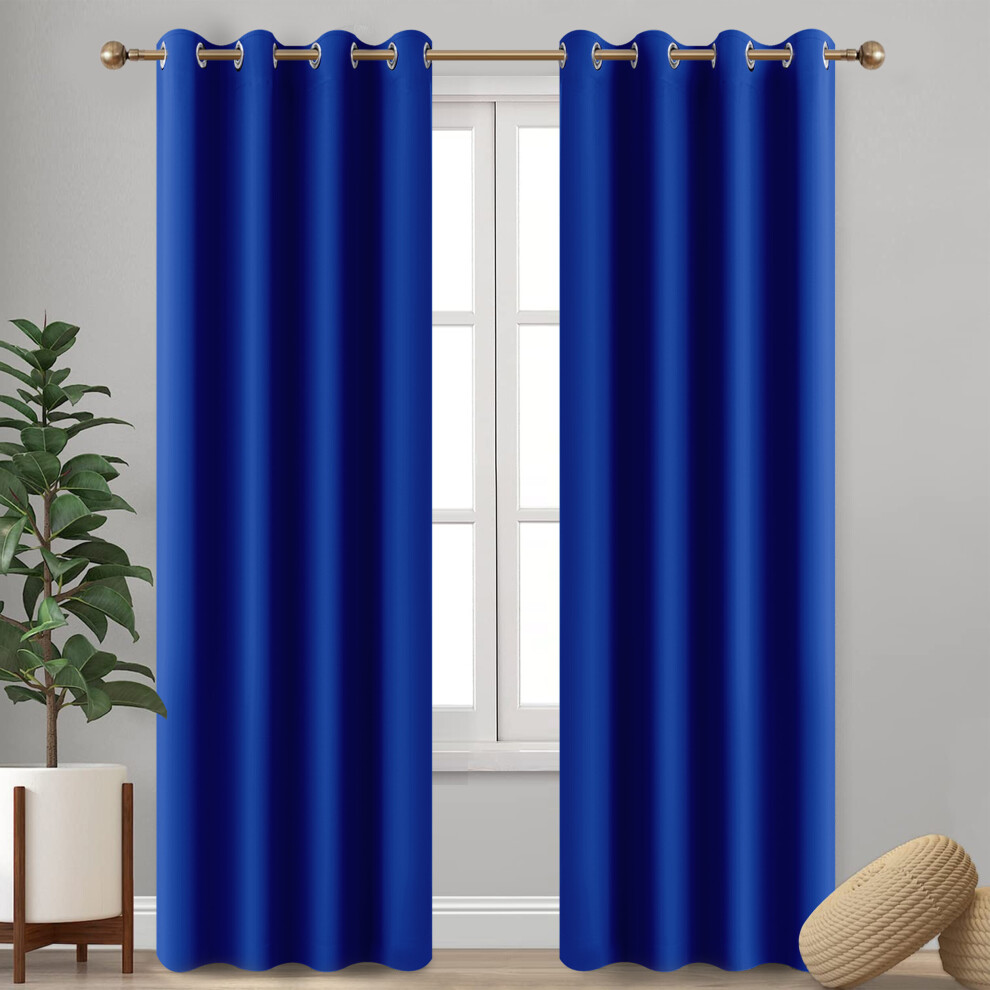 (Blue, 66" x 72") Insulated Heavy Thermal Blackout Curtains Pair Eyelet Ring Top Ready Made Window Panel Free Tieback