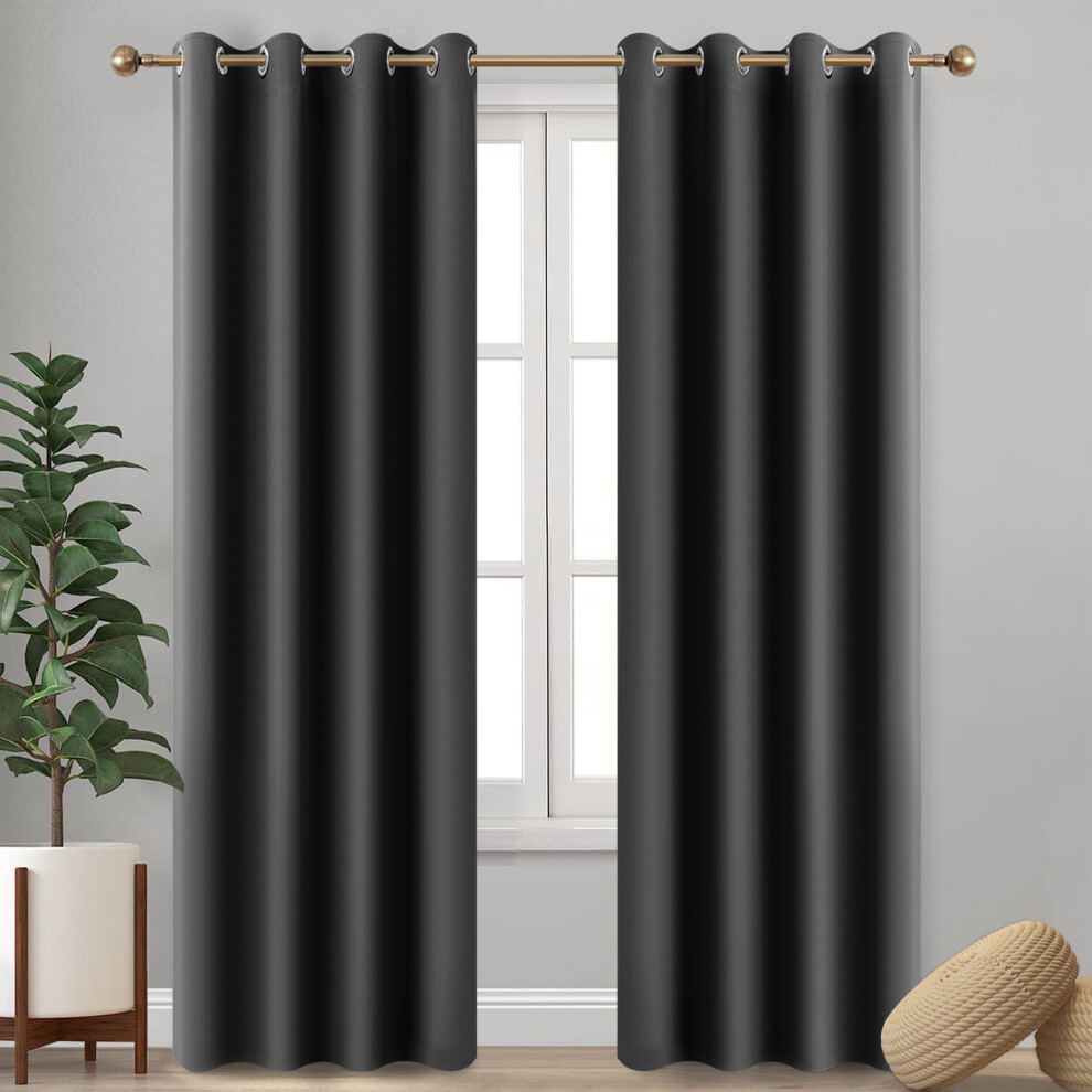 (Grey, 90" x 90") Insulated Heavy Thermal Blackout Curtains Pair Eyelet Ring Top Ready Made Window Panel Free Tieback