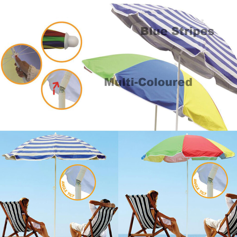 (Blue Stripes) Garden Beach Patio Tilting Tilt Umbrella Parasol Sun Shade Protection UPF40 1.8M