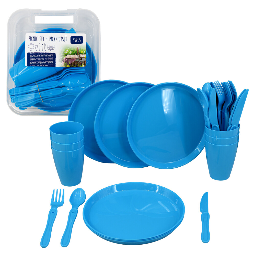 (Blue) GEEZY Large Plastic Picnic Camping Party Dinner Plate Mug Cutlery Set Storage Box