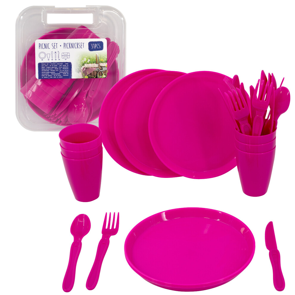 (Pink) GEEZY Large Plastic Picnic Camping Party Dinner Plate Mug Cutlery Set Storage Box