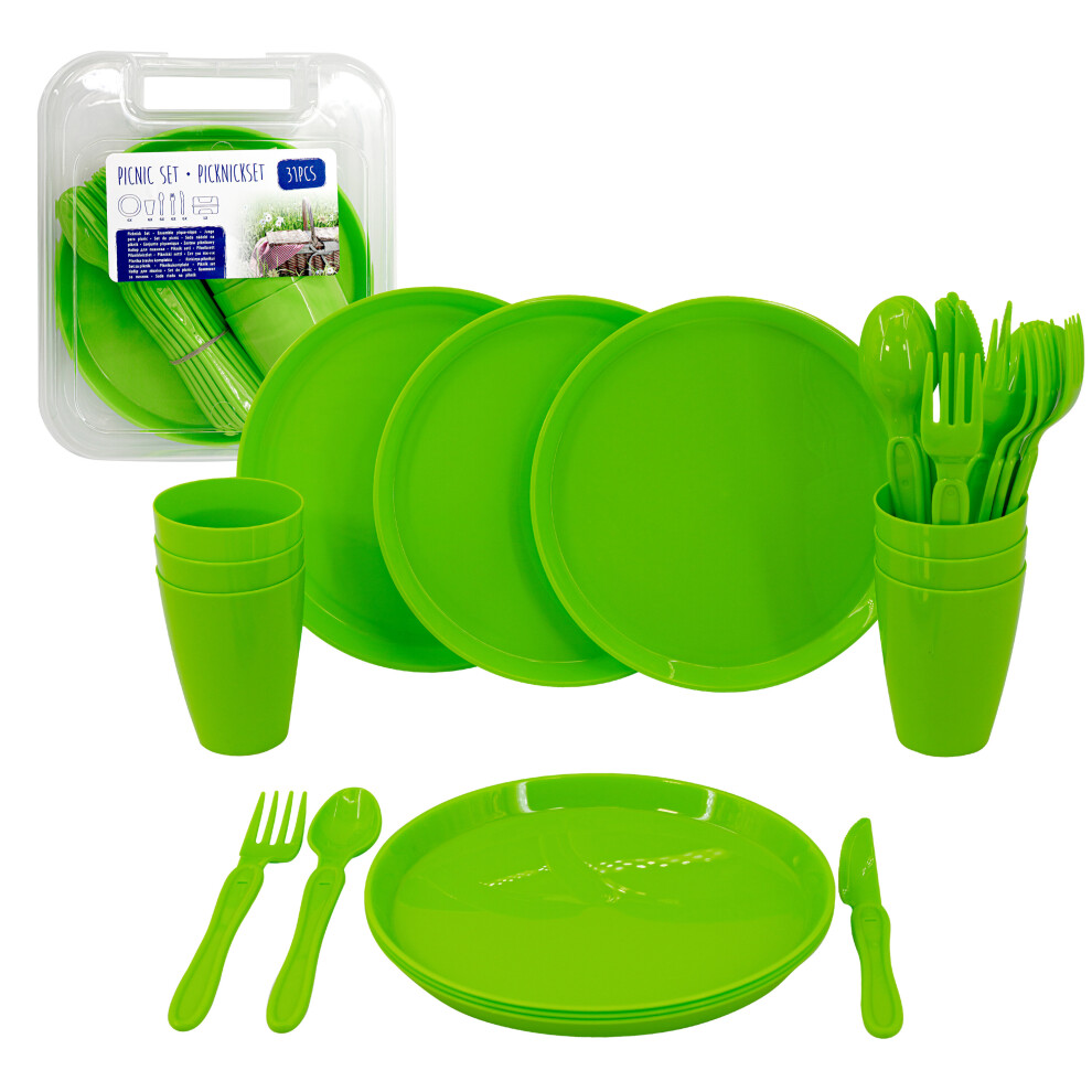 (Green) GEEZY Large Plastic Picnic Camping Party Dinner Plate Mug Cutlery Set Storage Box