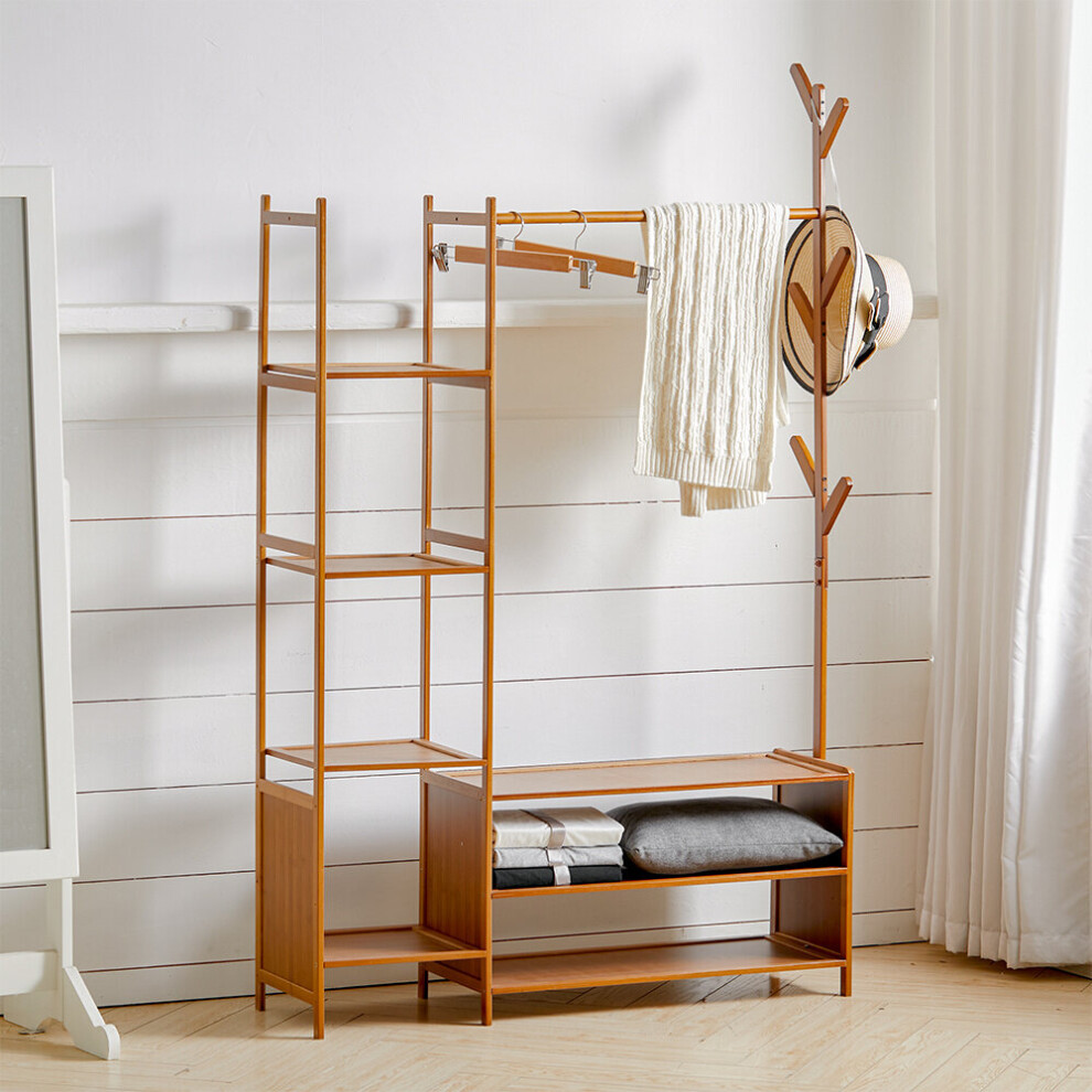 Living And Home Freestanding Bamboo Clothes Rack With Storage Shelves For Bedroom Black