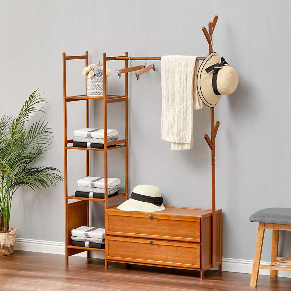 Freestanding Bamboo Clothes Rack with Storage Shelves for Bedroom