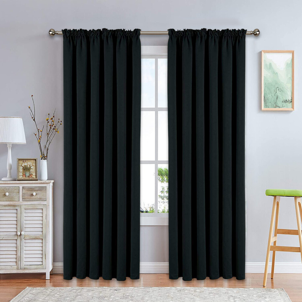 (Black, 66" x 72") Insulated Plain Curtains Heavy Thermal Blackout Pencil Pleat Curtain Pair Free Tieback