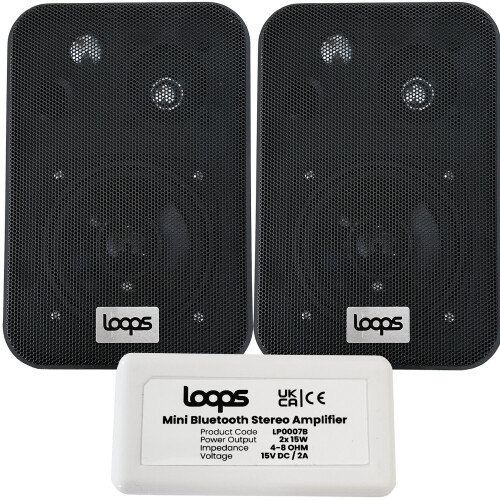 Loops Wireless Bluetooth Amplifier & 2x 100W Black Wall Mounted Speakers Amp System