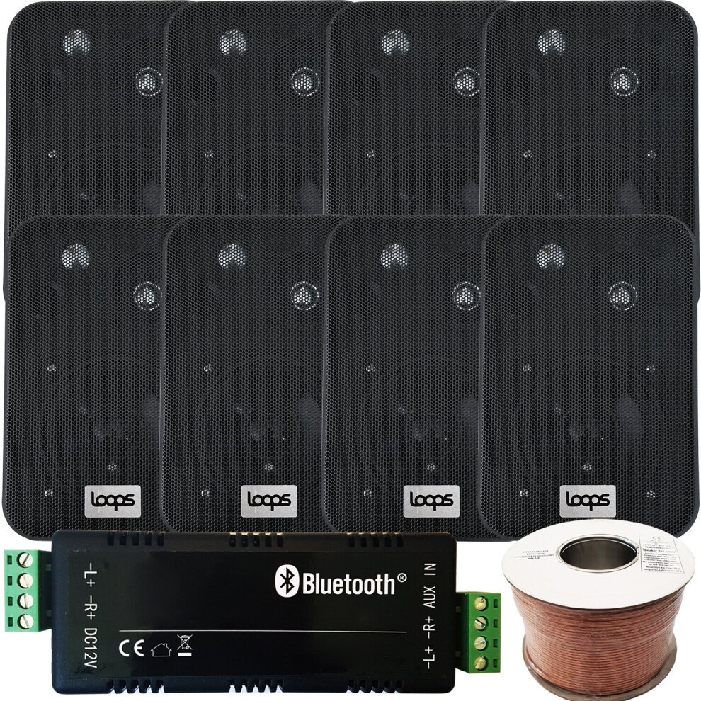 Loops Black Bar/Restaurant Bluetooth Amplifier Kit 8X Wall Speaker Wireless Background