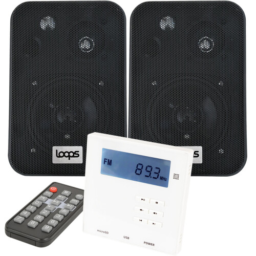 Loops Wall Mounted Mini Bluetooth Amplifier & Black Wall Speakers Kit Stereo HiFi Amp
