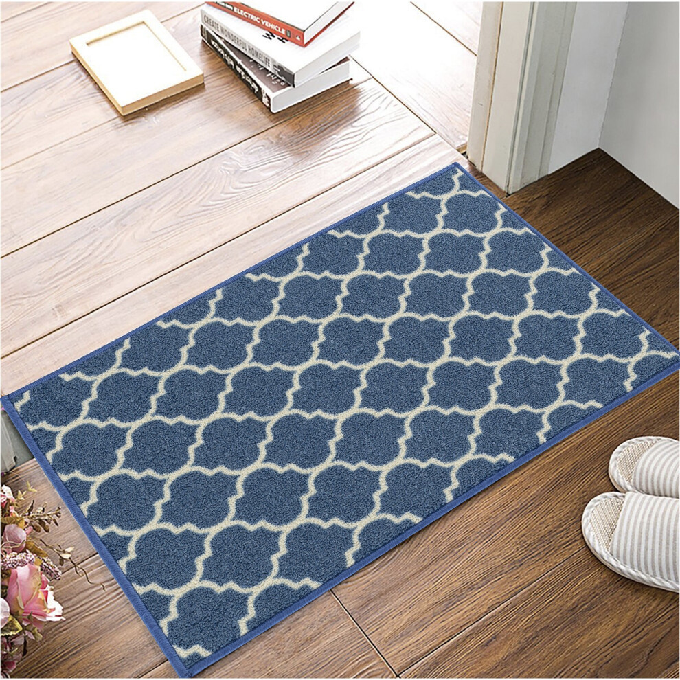 (67 x 120cm (2 ft 2" x 3 ft 9") ) Machine Washable Non Slip Trellis Gel Back Door Entrance Mats Blue Cream