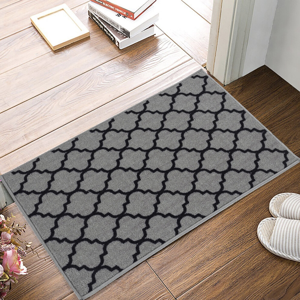 (67 x 120cm (2 ft 2" x 3 ft 9") ) Machine Washable Non Slip Trellis Gel Back Door Entrance Mats Grey Black