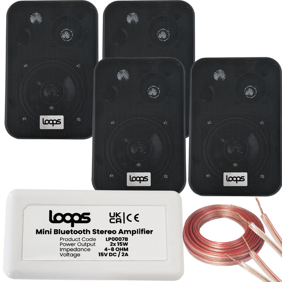 Wireless Bluetooth Amplifier & 4x 70W Black Wall Mounted Speakers Amp System