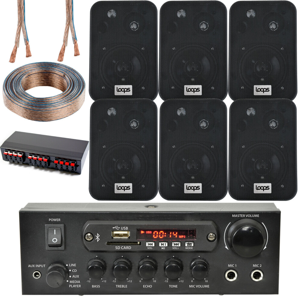 Bluetooth Wall Speaker Kit 3 Zone Stereo Amp & 6X Wall Background Music Black 5056199821280