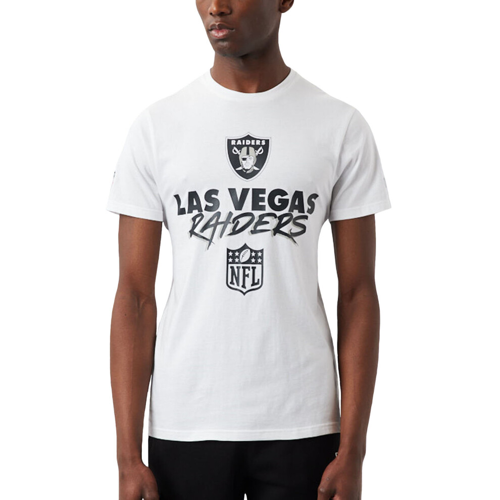 (M, White) New Era Mens Las Vegas Raiders NLF Script Short Sleeve T-Shirt Top Tee - White